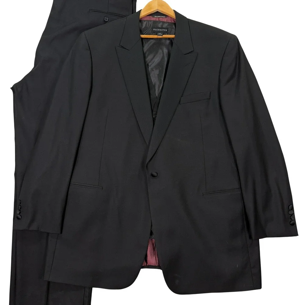 Jack Victor Mens 50XL Tuxedo Suit Black 3-Piece Silk Vest Super 100s Wool 44x32
